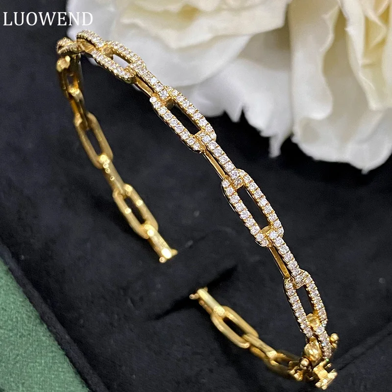 LUOWEND 100% 18K Yellow Gold Bangle Real Natural Diamond Bangle Fashion 8-Shaped Shiny Chain Design Jewelry for Senior Banquet