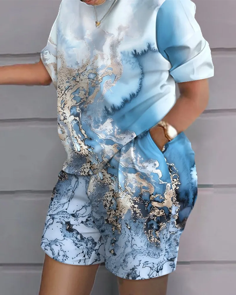 Women's Summer 2-Piece Outfit - Graffiti Print Button-Down Shirt & Shorts Set, Loose Fit