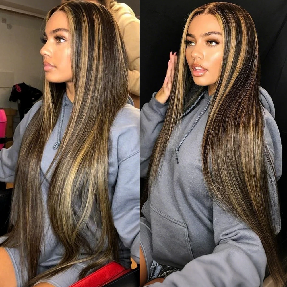 1B/30 Black and Blonde Highlights Bone Straight Human Hair Wigs 4/27 Highlight 13x4 13x6 HD Lace Human Hair Wig 30 36 Inch 1