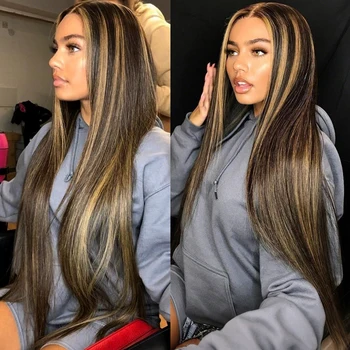 1B/30 Black and Blonde Highlights Bone Straight Human Hair Wigs 4/27 Highlight 13x4 13x6 HD Lace Human Hair Wig 30 36 Inch 1