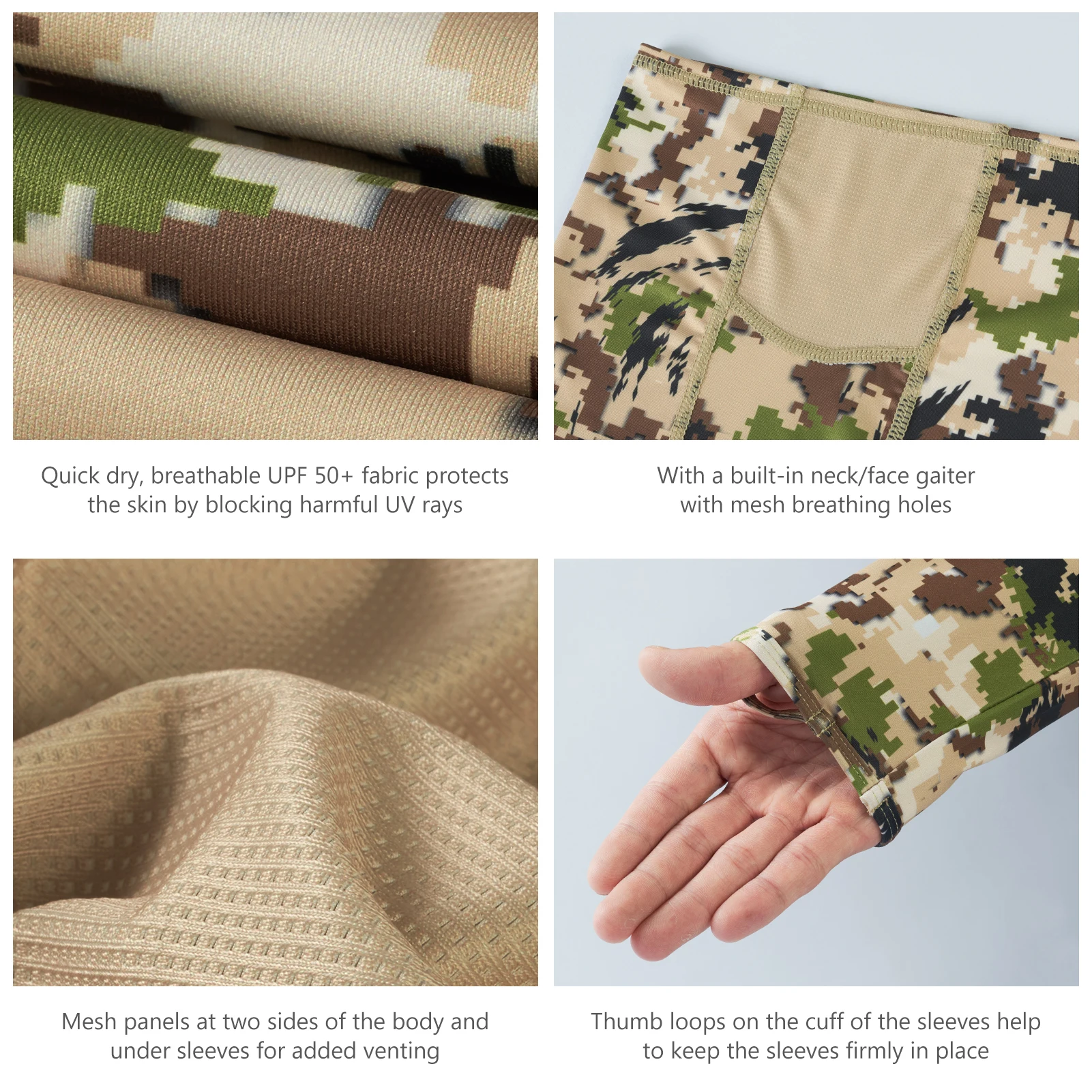 Bassdash Camo Fishing Hoodie for Men Sun Protection Face Mask UPF 50+ Hunting Long Sleeve Shirt tactical shirt