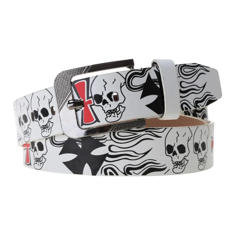Skull Print Belt for Men Women Decorative Belt for Pants Shorts PU Wide Belts