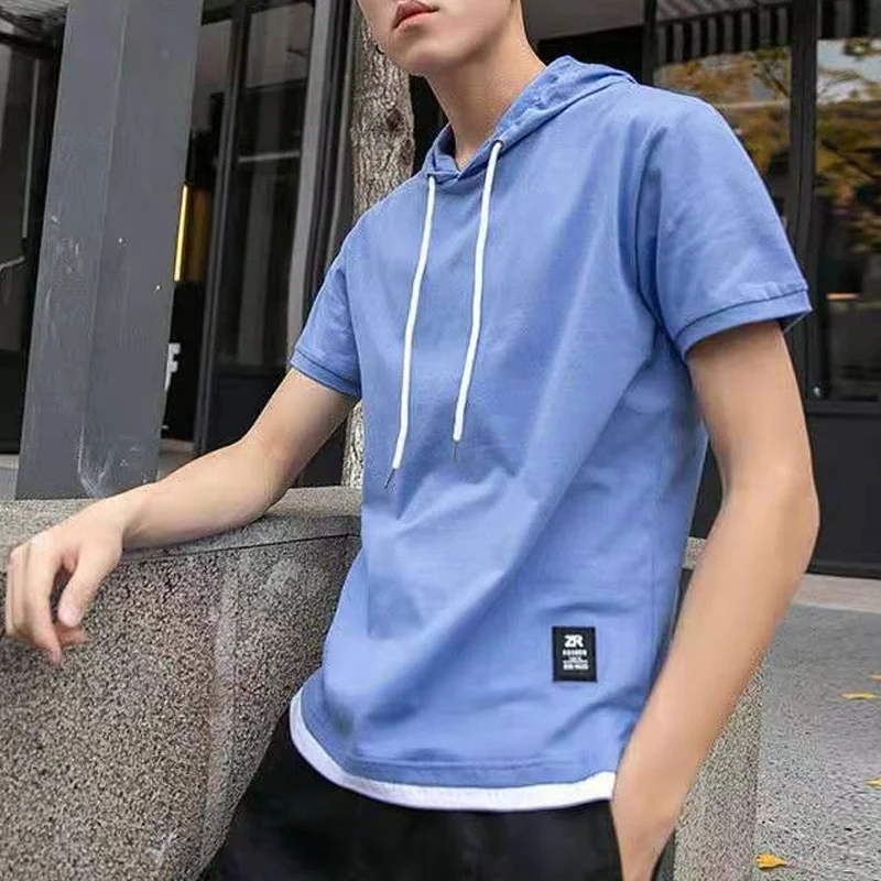 2023 Summer New Short Sleeve Hoodies Man Solid Color