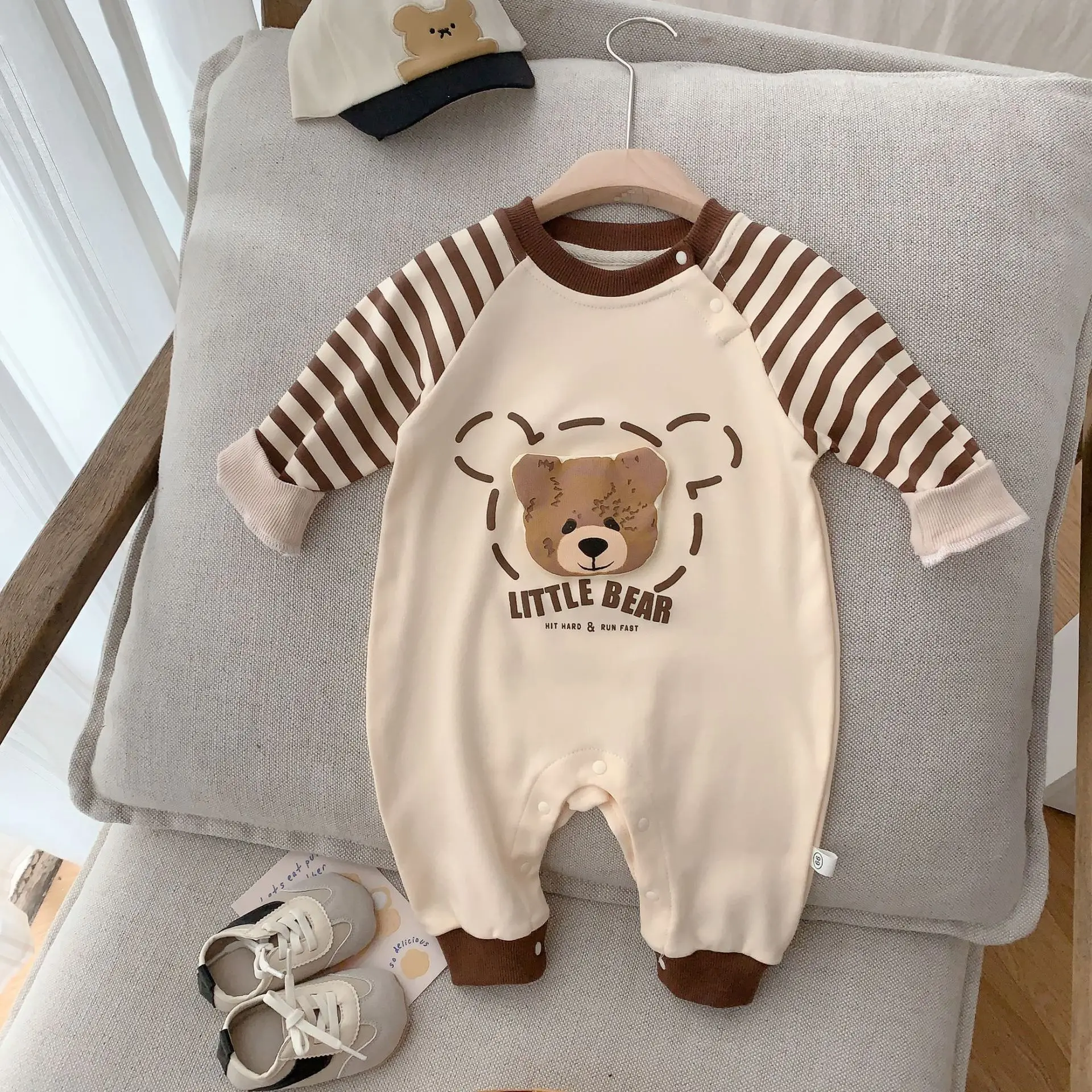 

0-2Y Baby Romper Cartoon Bear Print Infant Boys Long Sleeve Jumpsuit Autumn Korean Toddler Striped One Piece Newborn Boy Clothes