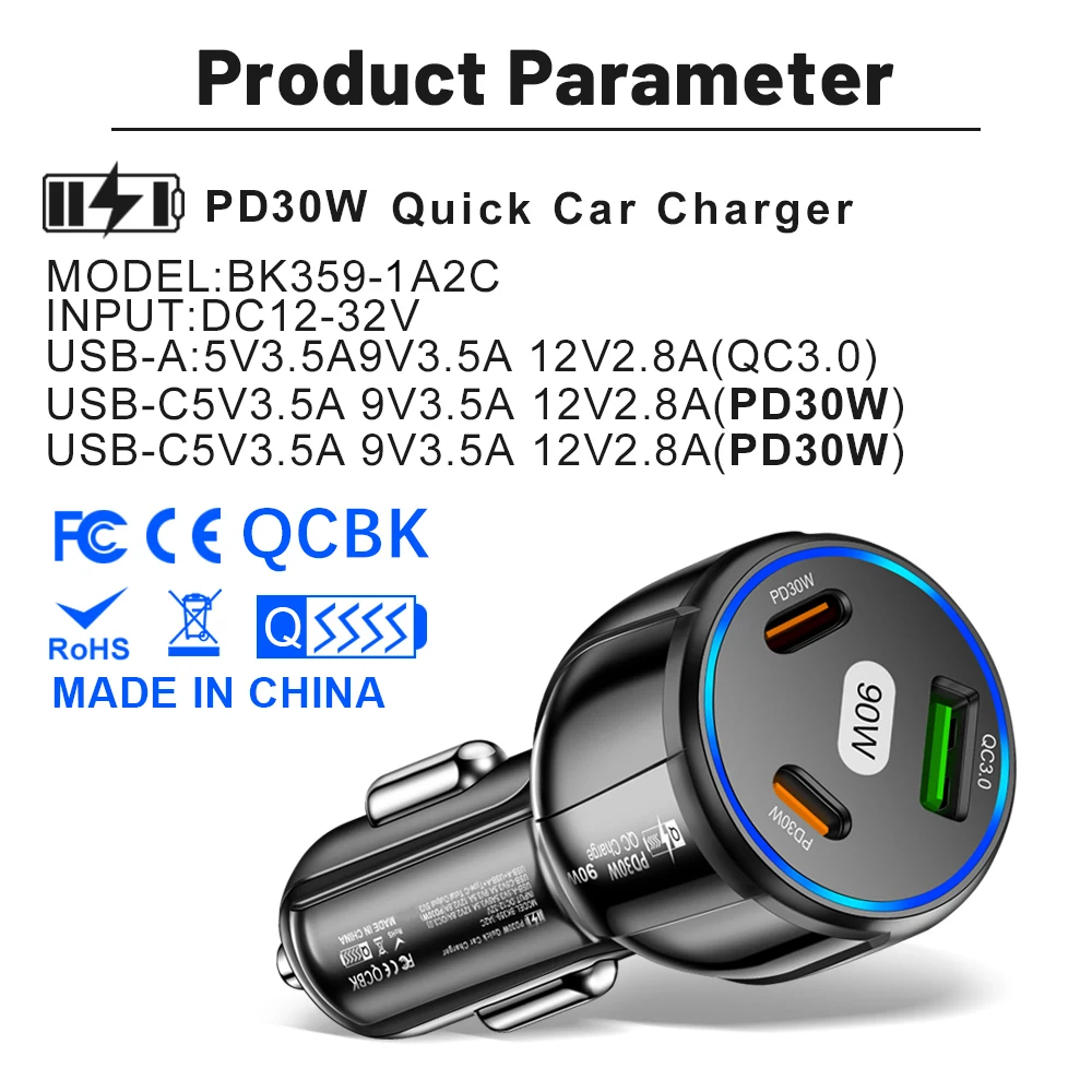 Car Charger 90W 3-in-1 QC3.0 PD Type C USB Moblie Phone Fast Charging for IPhone Xiaomi Samsung Car Quick Charger Adapter