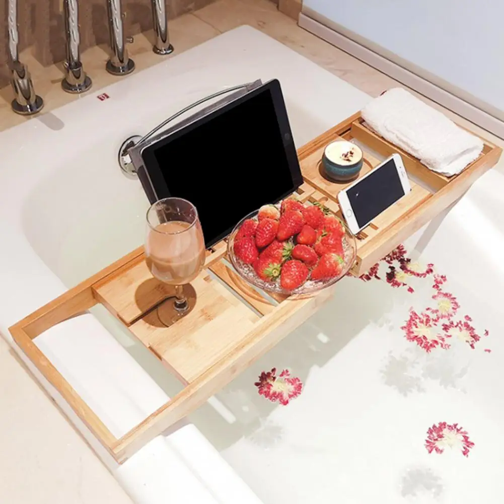 Elegant Bathroom Storage Rack Luxurious Bamboo Bath Tray with Wine Glass Holder Adjustable Shelf Book Stand for Ultimate