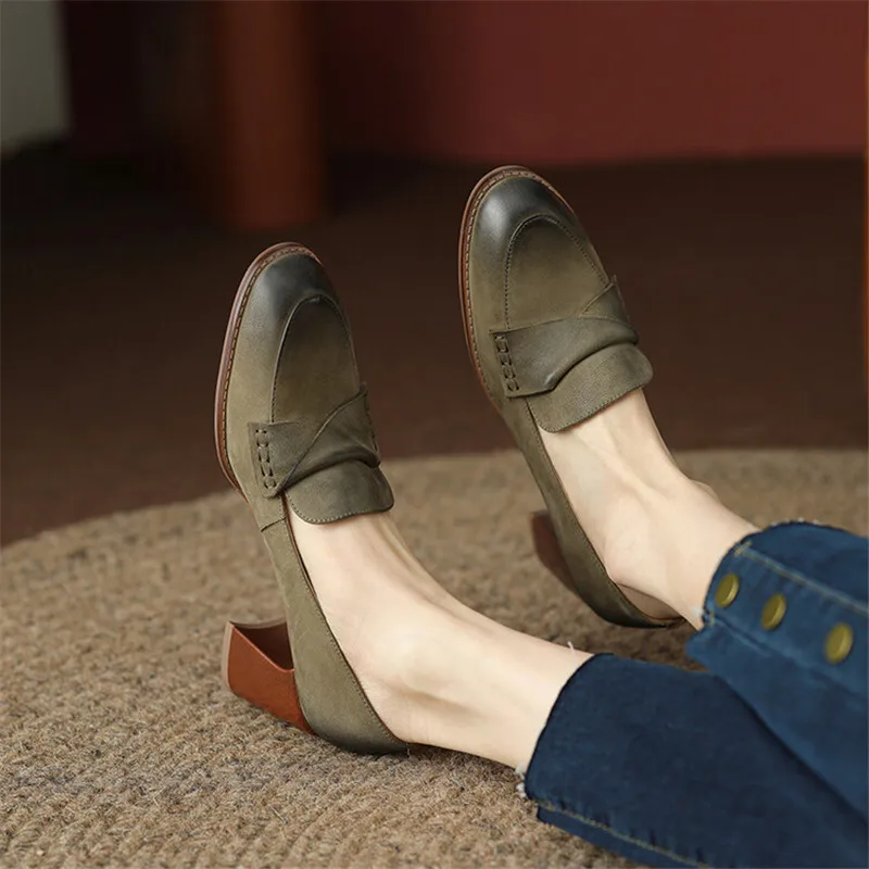 

2024 New Spring Summer Sheepskin Women Shoes Round Toe Women Pumps French Retro High Heels Loafers Shoes for Women Ladies Shoes