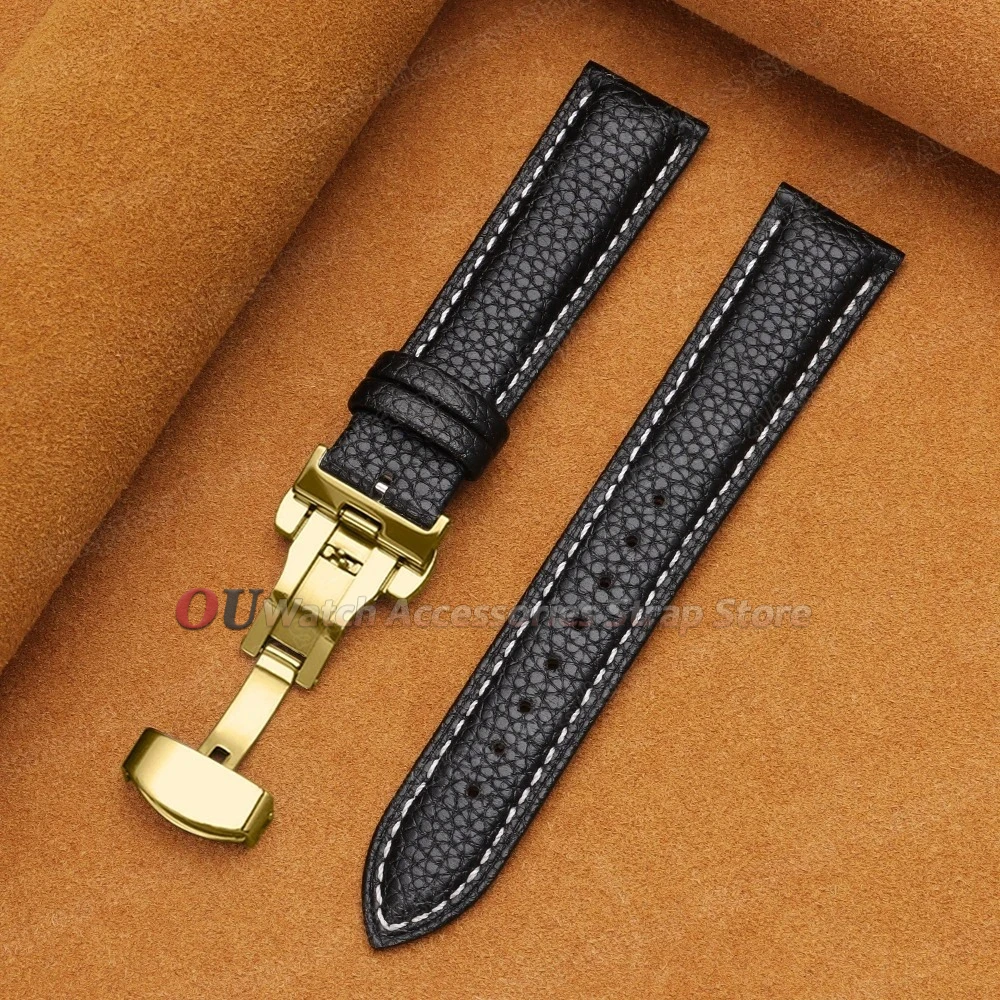Premium Calfskin Litchi Grain Leather Watch Strap with Butterfly Buckle