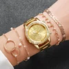 Fashion Women Golden Color Stainless Steel Quartz Watch With Bracelet Set 5PCs 1
