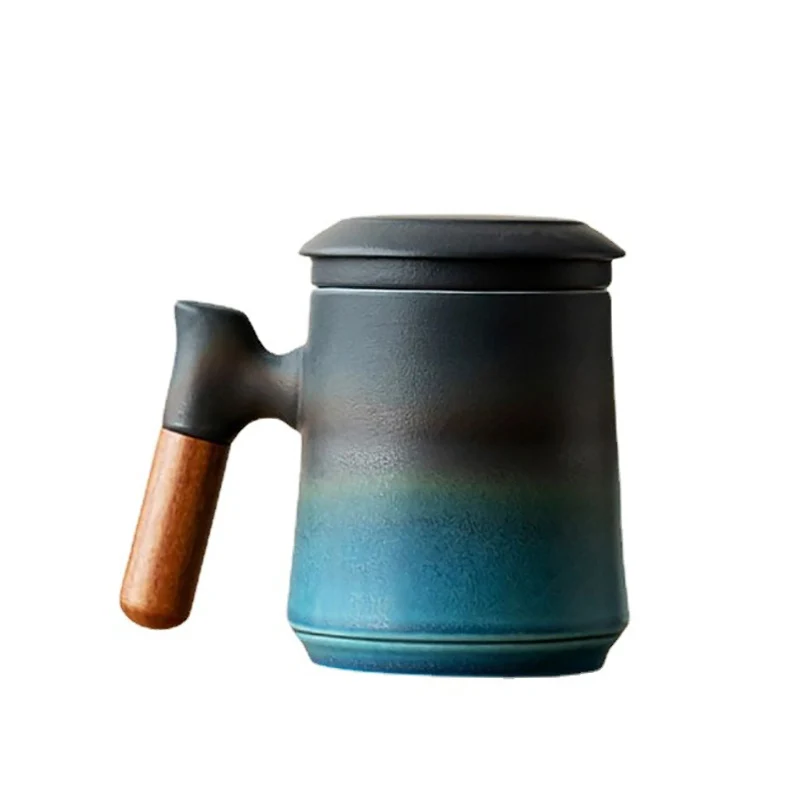 

Ceramic Tea Cup Luxury Large Mug with Tea Infuser Lid Water Coffee Cup Japanese Breakfast Cups Wood Handle Personalized Gifts