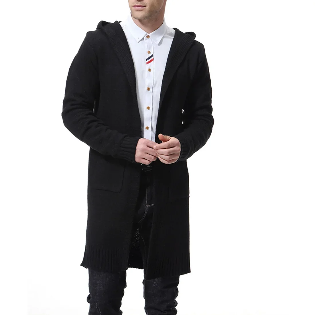 Men's Hooded Thick Cardigan Sweater Coat X-long Sweater 3