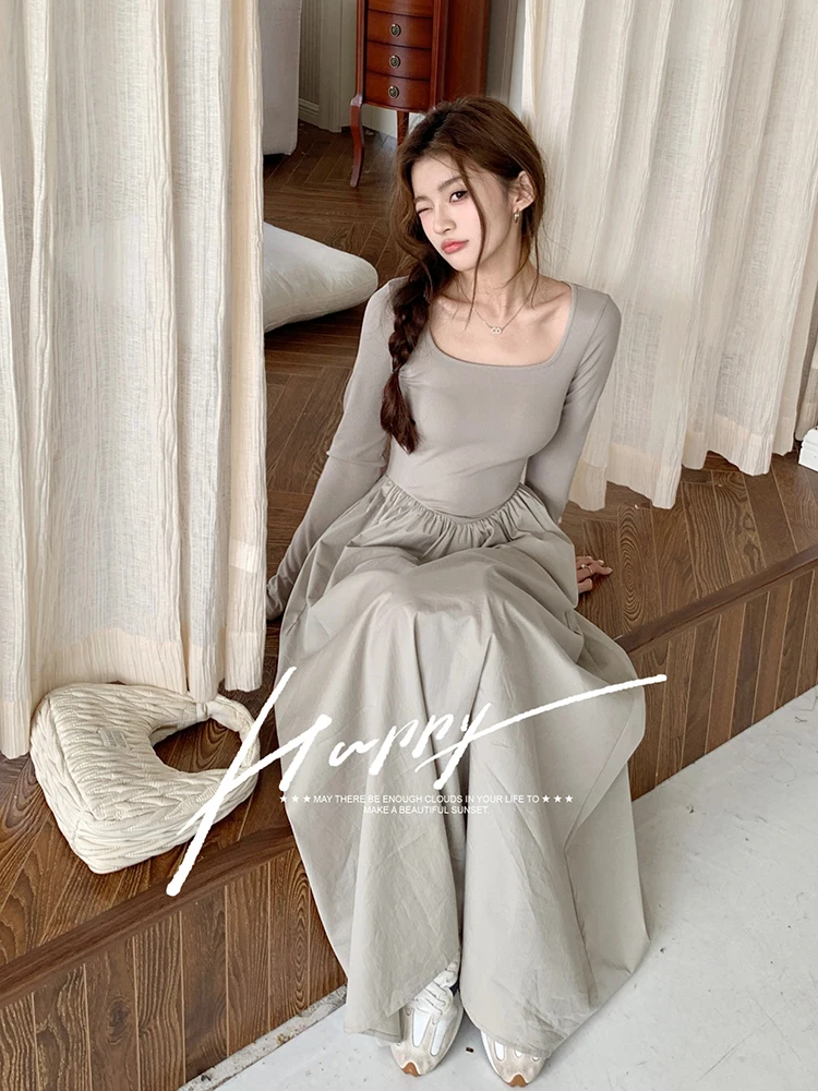 Casual Knitted Midi Dresses for Women Solid Long Sleeves Square Collar A-line Autumn New Elegant Dress Female Slim Vestidos