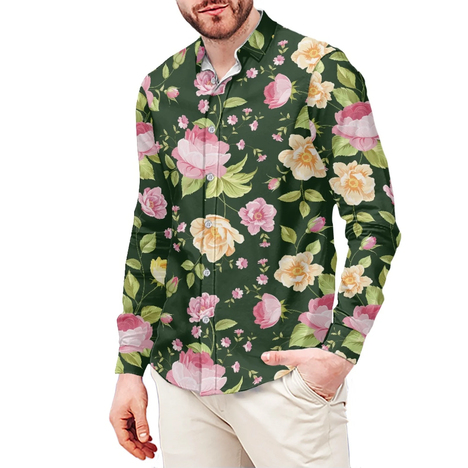 

Розовая футболка Epiphyllum, полинезийское Самоа, Гавайский стиль, тонкая рубашка с длинным рукавом, Мужская классическая рубашка, свадебная модель, осень/зима