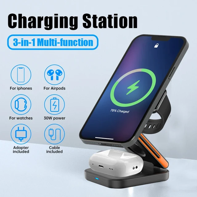 Station de charge magnétique sans fil pliable, support de chargeur rapide, 3 en 1, 30W, compatible avec iPhone 15, 14, 13, 12, Apple Watch 8, 7, 6, Airpods Pro 2