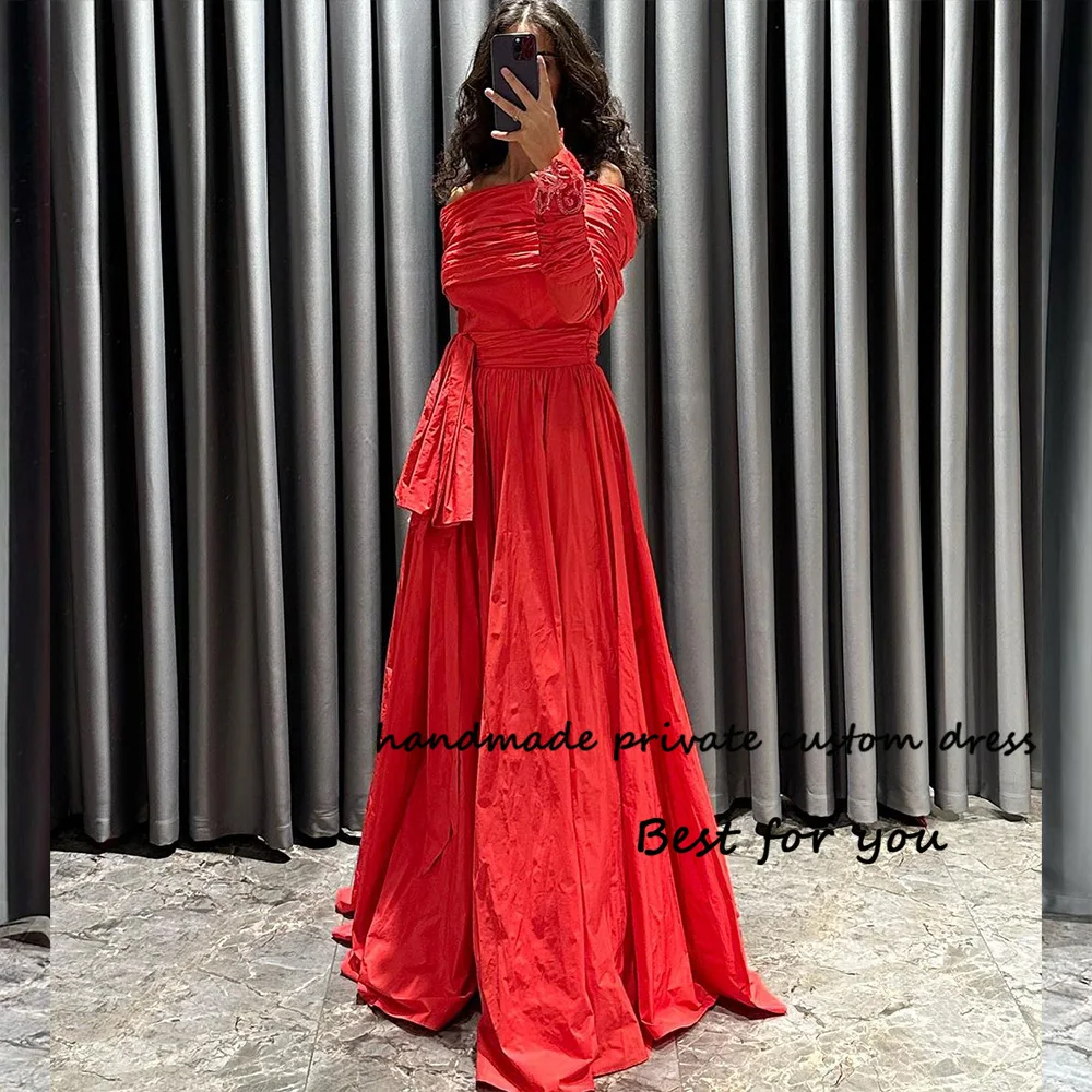 

Red Taffeta A Line Evening Dresses Boat Neck Saudi Arabia Formal Dress Long Dubai Prom Party Gowns Customized