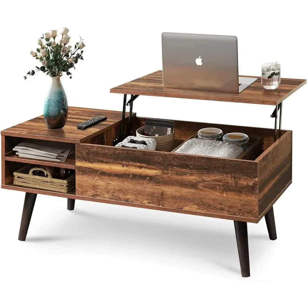 

Lounge Center Table Serving Coffee Rustic Oak Wood Lift Top Coffee Table With Hidden Compartment and Adjustable Storage Shelf