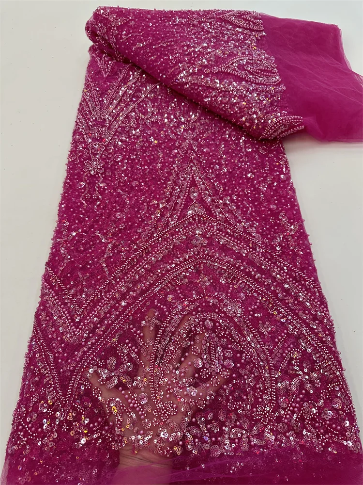 

2024 Fashion Elegant French Embroidery Beaded Lace Fabric African Nigerian With Sequins Fabric For Wedding Dress