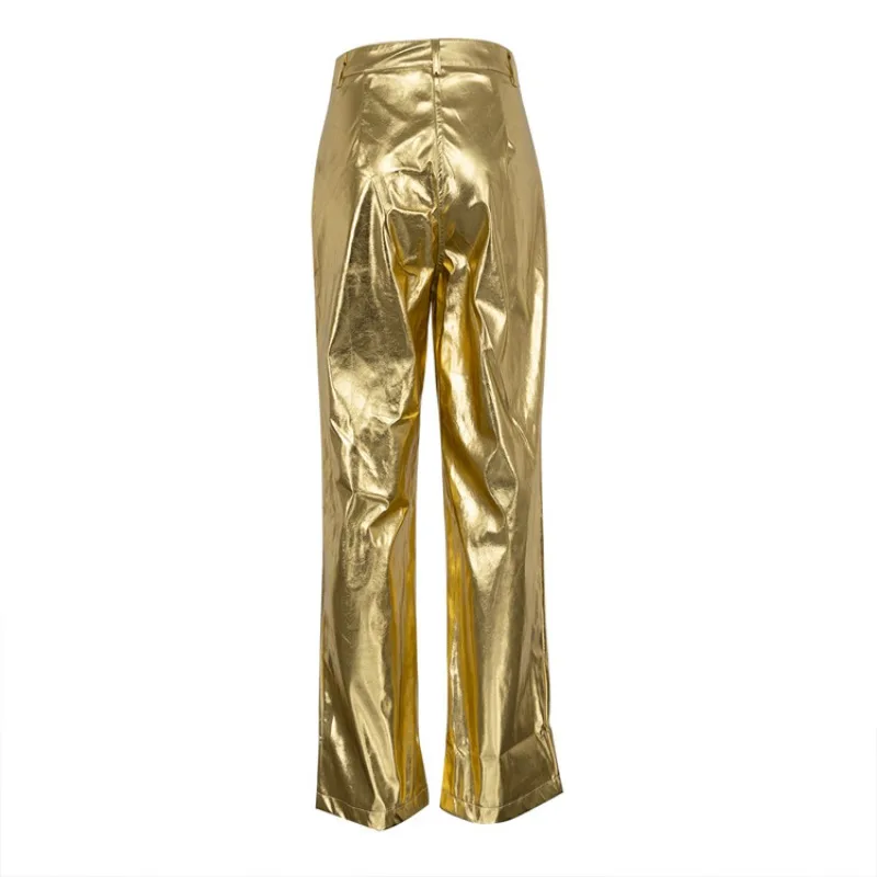 Pantalones de PU plateados para mujer, moda 2025, cintura alta, sueltos, pierna ancha, ropa de fiesta para chicas, ropa de calle, pantalones largos para mujer, otoño