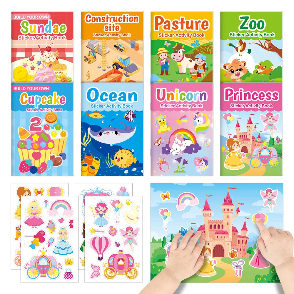 스티커 활동북 테마로 자신만의 재미있는 농장, 성, 동물원, 귀여운 동물, 공주..