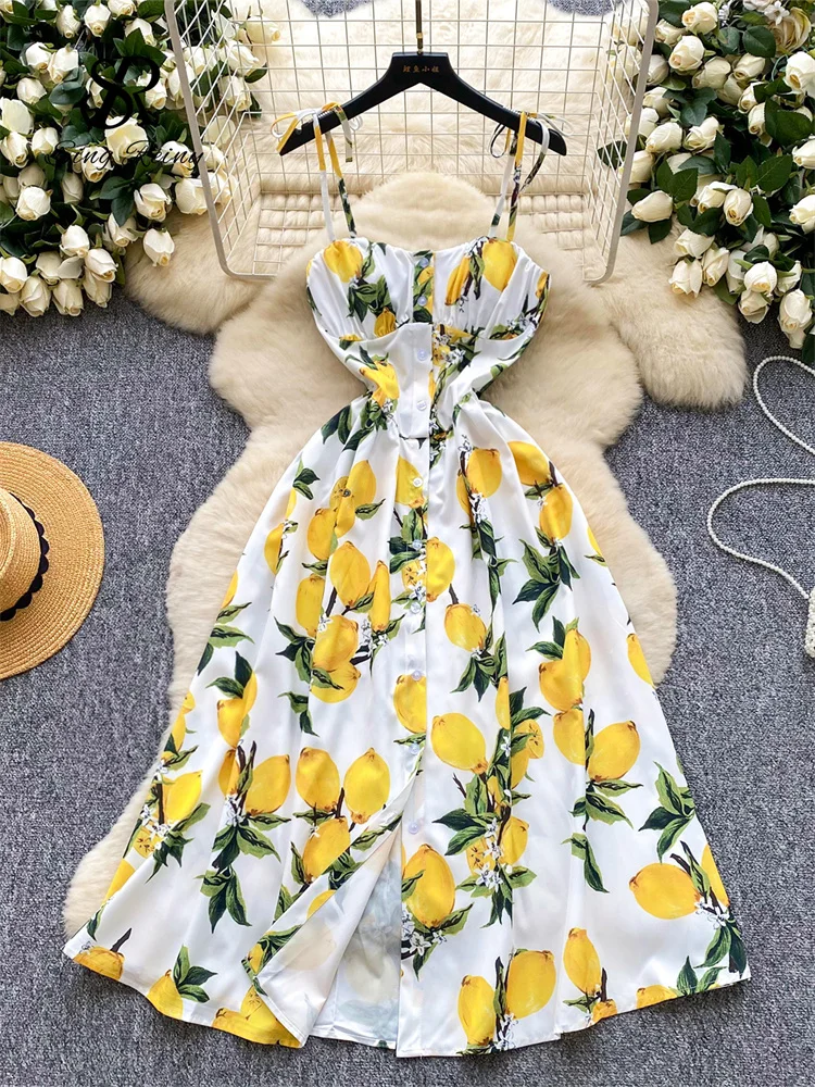 Summer Dress Lemon Sundress SINGREINY Lemon Print Beach Midi Dress