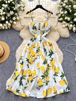 SINGREINY Lemon Print Beach Midi Dress Summer Women Spaghetti Strap A line Backless Split Korean Bohemian Floral Sundress 1