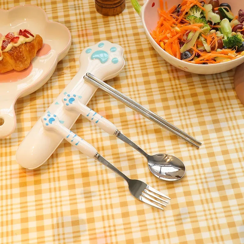 Cartoon Cute Cat Claw Spoon Fork Chopstick Set Student Children Outdoor Camping Portable Tableware Set