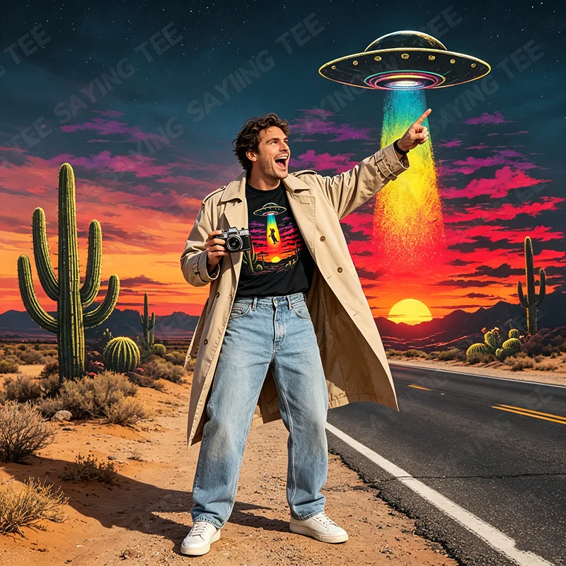 Lustiges Dackel-UFO-Abduktions-T-Shirt mit Wüstensonnenuntergang, Y2K-Alien-Abduktions-Hunde-Kunst, Ästhetische Kleidung, Neuartiges Geschenk, Sci-Fi-T-Shirts