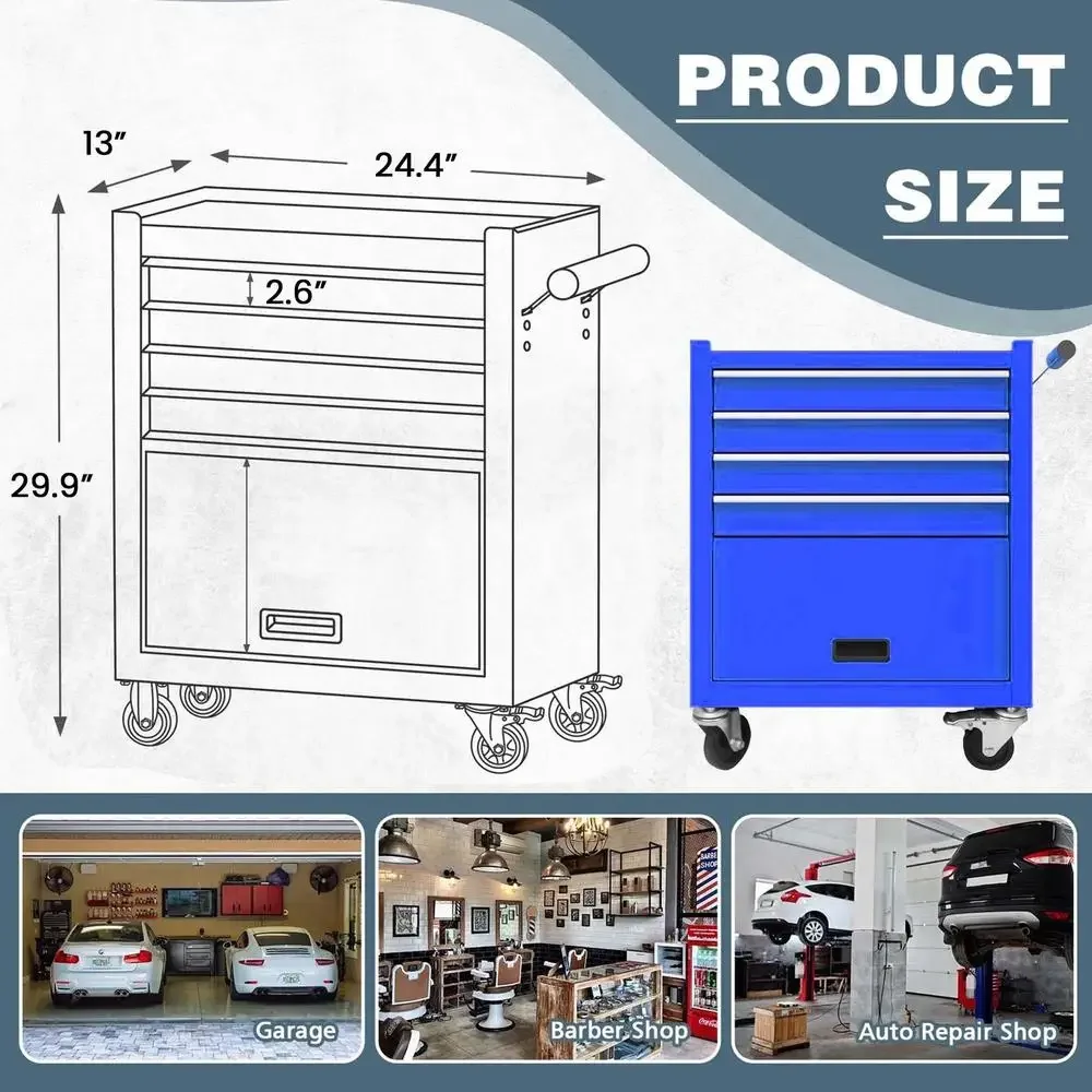 Steel Rolling Tool Box Cabinet Garage 4-Drawer Blue Anti-Rust Storage Organizer Includes Locking System Drawer Liner Soft Close 2