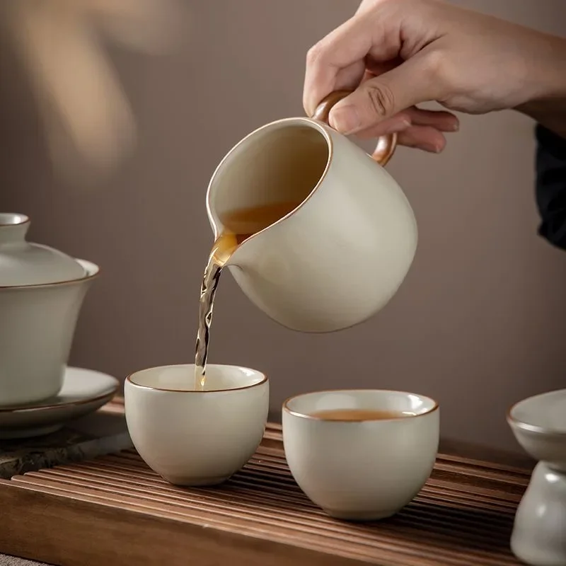 Rice Yellow Ru Kiln Tea Set with Tea Pot, Lid, Bowl and Cup in Light Luxury Style for Home Use