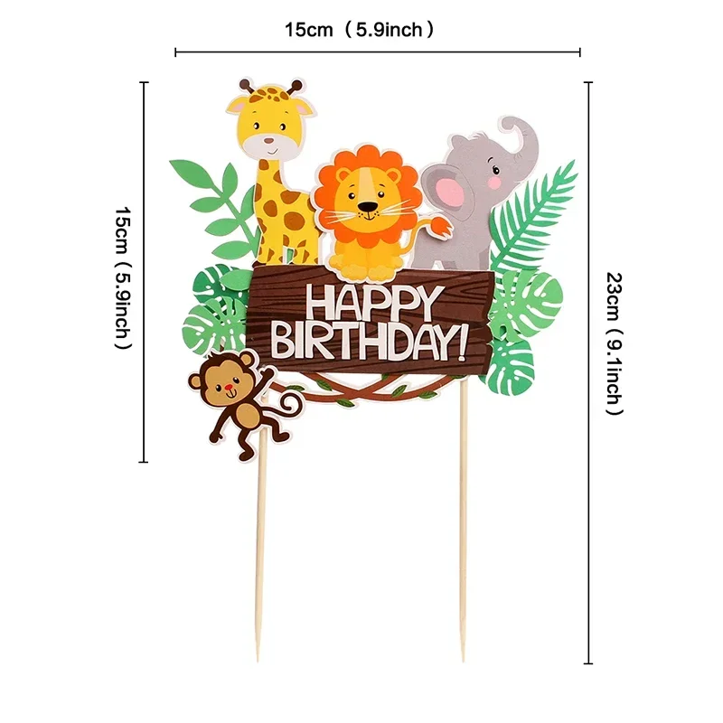 Wild Amimals Cake Topper Safari Jungle Animal Cake Flag Palm Leaves Boy Girl Birthday Party Decoration Kids Party Cake Decor