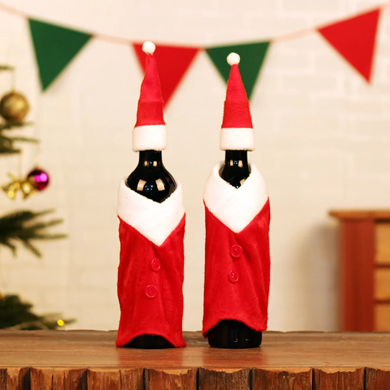 

Christmas Decorations For Kitchen Home Red Wine Bottle Covers Clothes with Hat Xmas New Year Dinner Party Decor Santa Sack Gifts