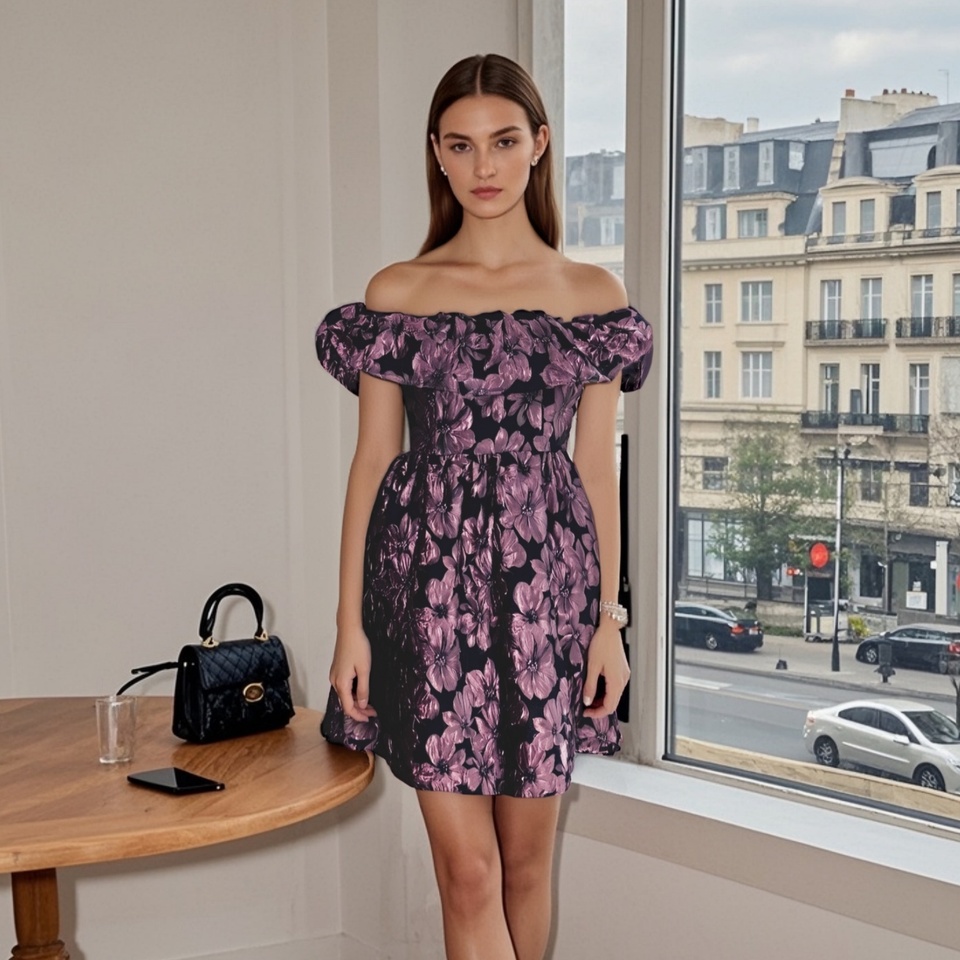 PB&ZA 2025 Women's Off - Shoulder Mini Dress with Ruffled Neckline Black and Purple Floral Embossment for a Stylish Look