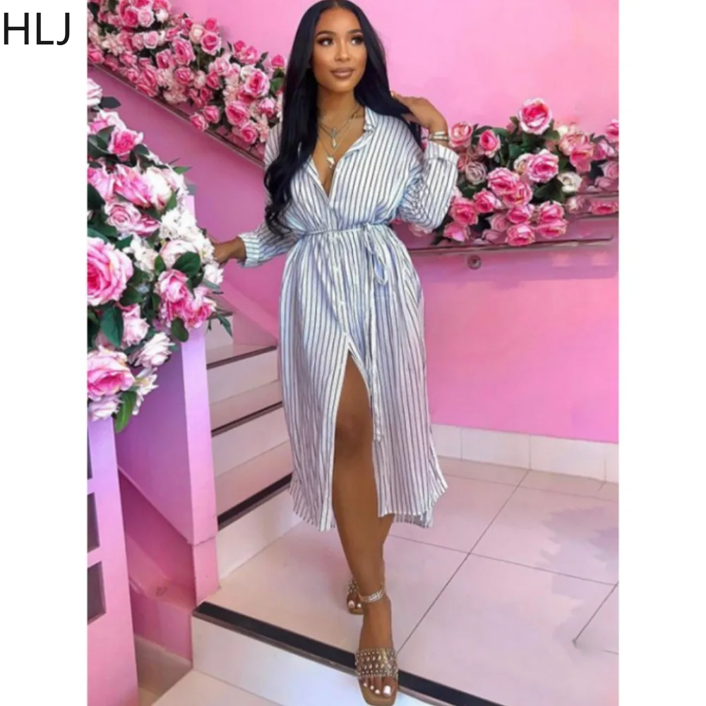 

HLJ Elegant Lady Stripe Print Shirt Dresses Women Turndown Collar Long Sleeve Button Mid Dress Female Lace Up OL Slim Vestidos