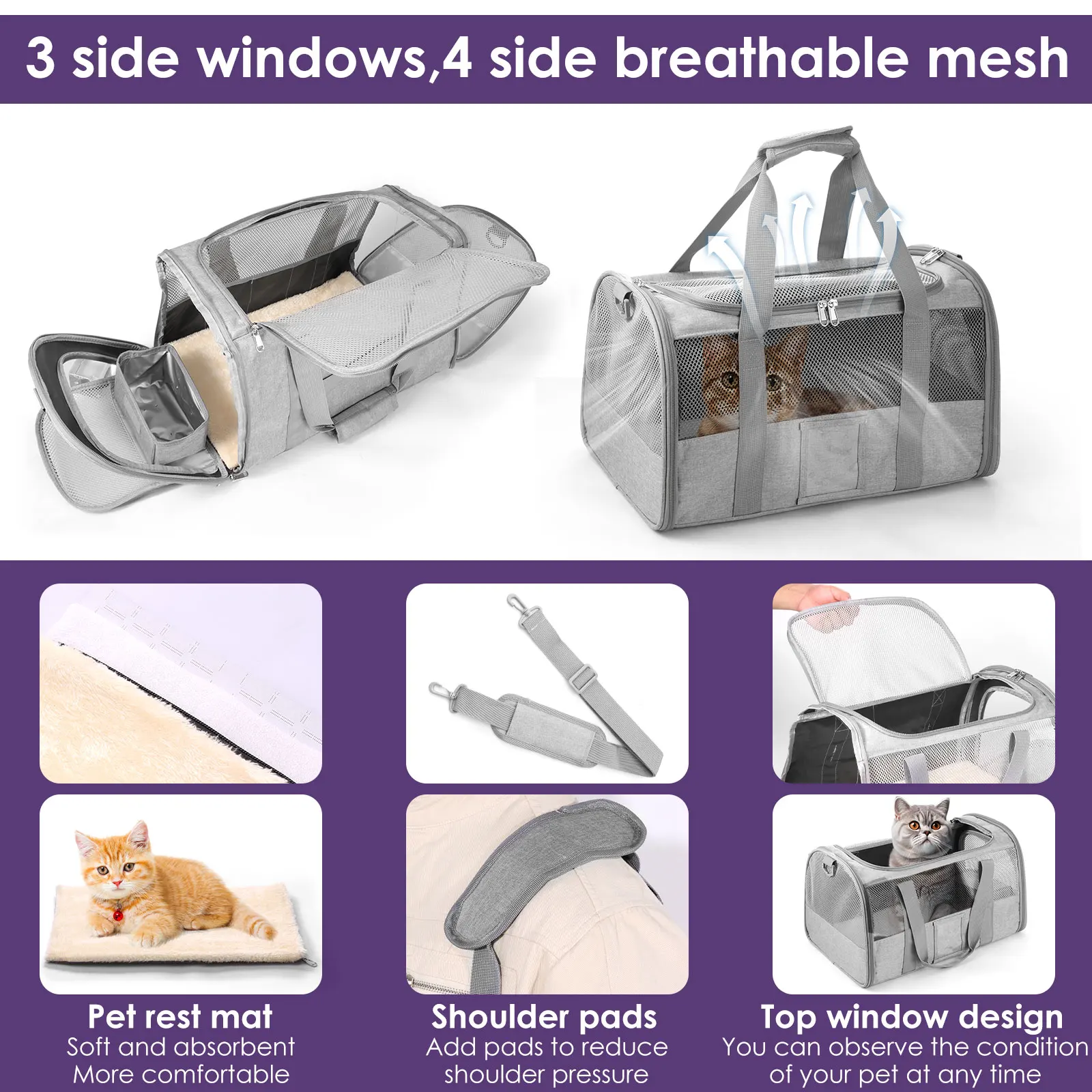 Cat Carrier Bag Oxford Cloth Foldable Pet Carrier Cage Breathable Portable Dog Crate Bag with Food Bowl Shoulder Strap