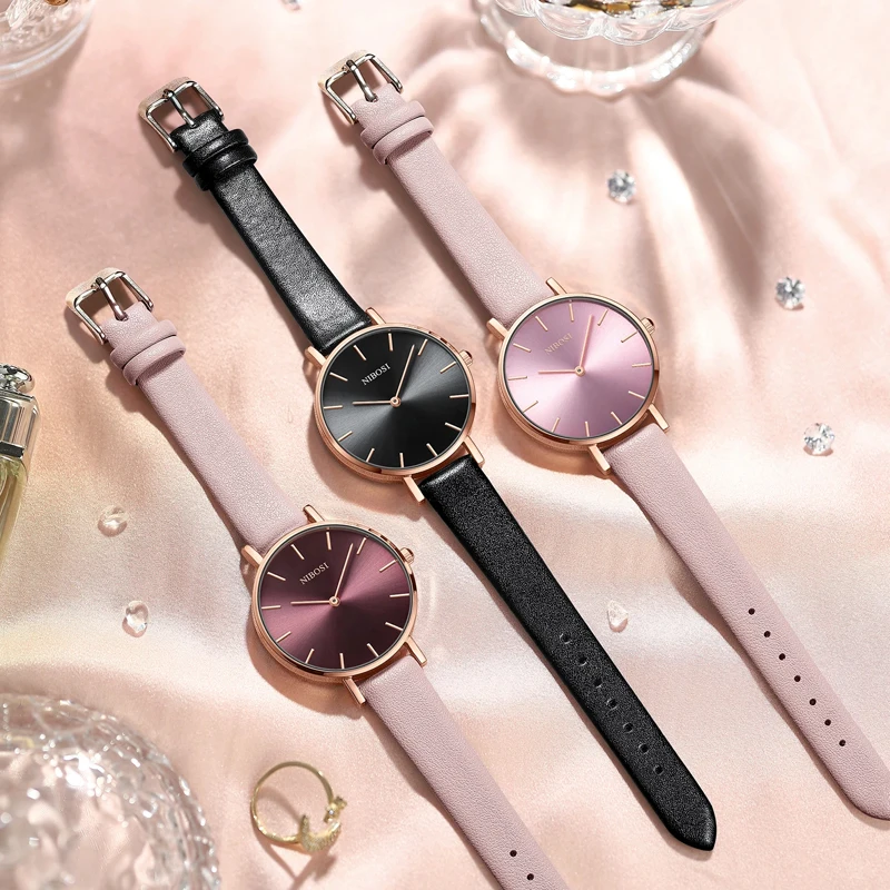 NIBOSI Women Dress Watch Fashion Casual Leather Simple Ladies Watches Pink Quartz Wristwatches Female Clock Relogio Feminino