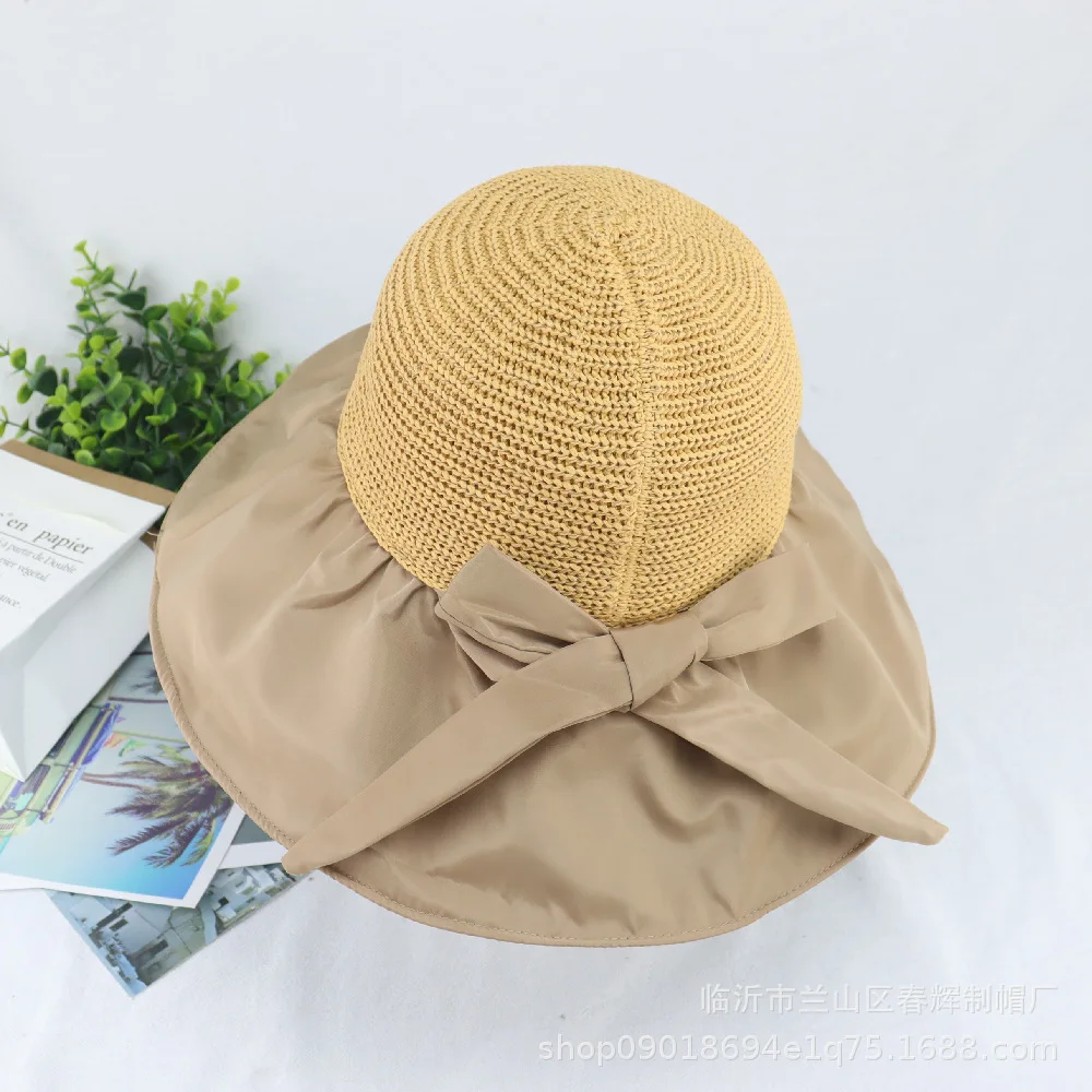 

Summer black rubber hollow top sunscreen hat with large eaves and UV protection bow shading hat Foldable sun hat