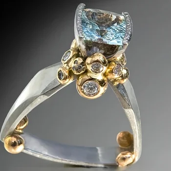 Vintage Inlaid Sea Blue CZ Women's Ring Ethnic Two Color Geometry Daily Wear Party Jewelry Anniversary Gift 1