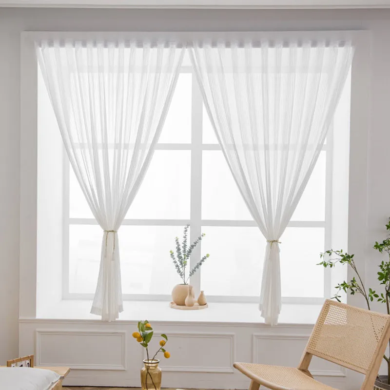 Modern Curtain Panel Semi Sheer House Decorations Window Drapes Magic Strap Punch-Free Curtains for Living Room & Bedroom TJ6557