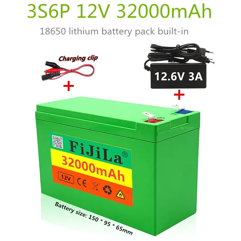 

100%Novo padrão 12V 32Ah 18650 bateria de lítio built-in 30A alta corrente BMS, usado para pulverizador + 12.6V 3A carregador