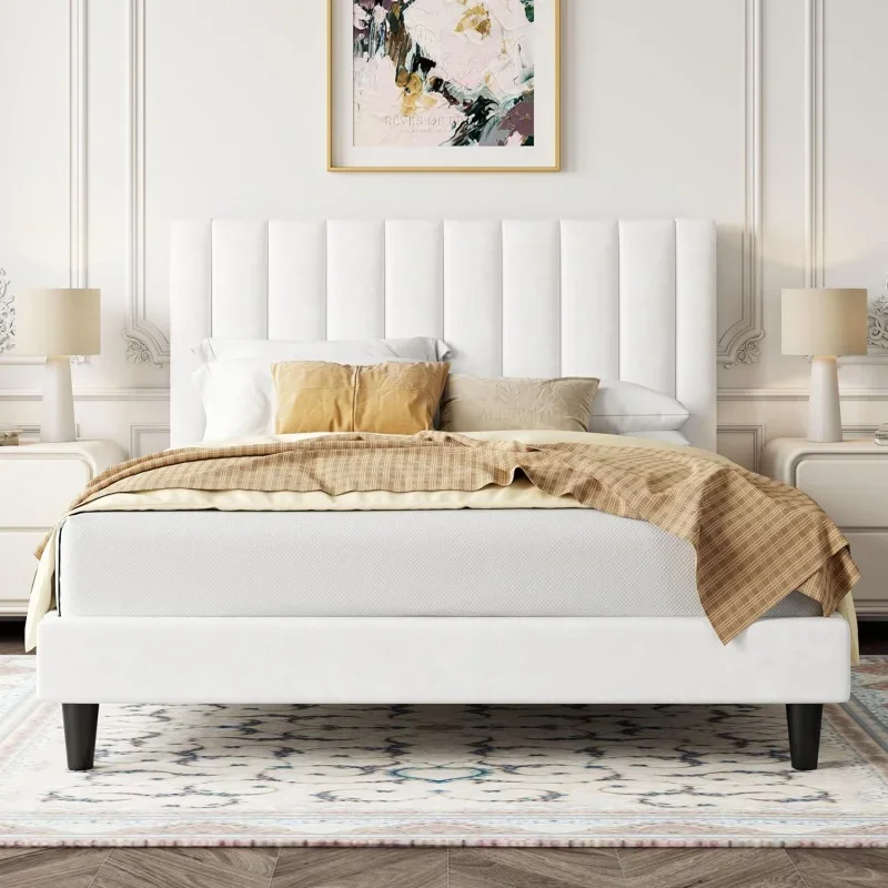 

Allewie Queen Bed Frame/Velvet Upholstered Bed Frame with Vertical Channel Tufted Headboard/Strong Wooden Slats/Platform Bed Fra