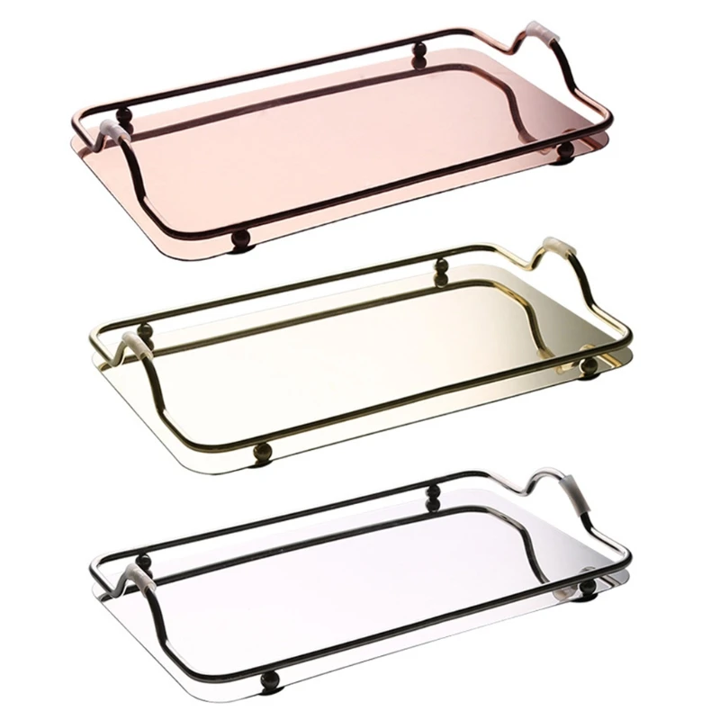 Nordic Style Rectangular Stainless Steel Mirror Tray with Handles Coffee Bar Food Elegant Teapot Cup Storage Hold Serving Trays 6