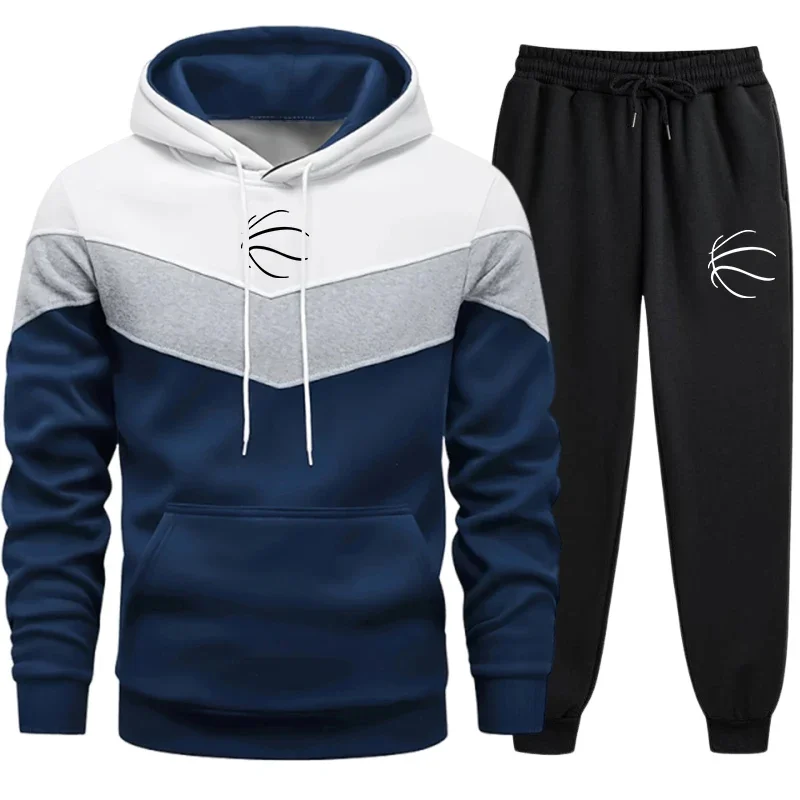 Men's Tricolor Striped Hoodies and Sweatpants Autumn Winter Sportswear
