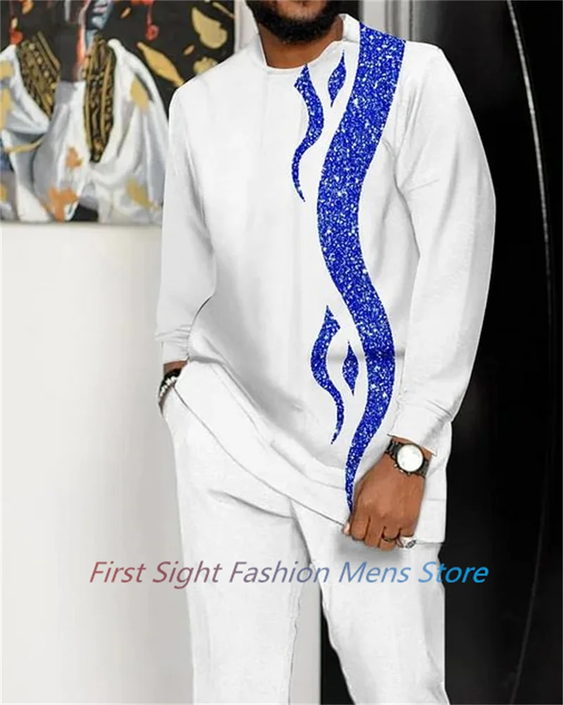 

Casual African Clothing for Men Autumn Long Sleeve T-Shirt Trousers Men's Set Striped Oversized 2-piece Outfits Walking Suit