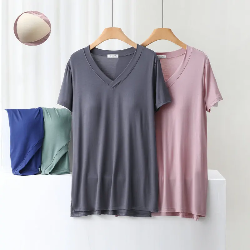 

Modal V-Neck Tshirt Dress Mid-Length summer bra padded sleepdress short sleeves homewear dresses over the knee streetwear