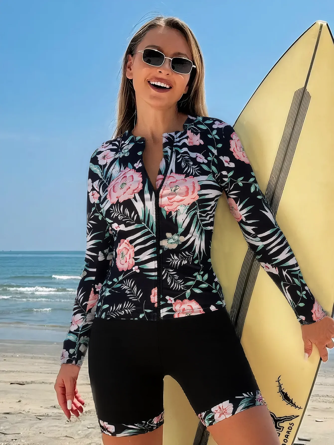 Two Piece Women Swimsuits Flower Print Long Sleeve Crew Neck Rush Guard Zip Up Swim Top & Boxer Short Bottom Summer Swimwear