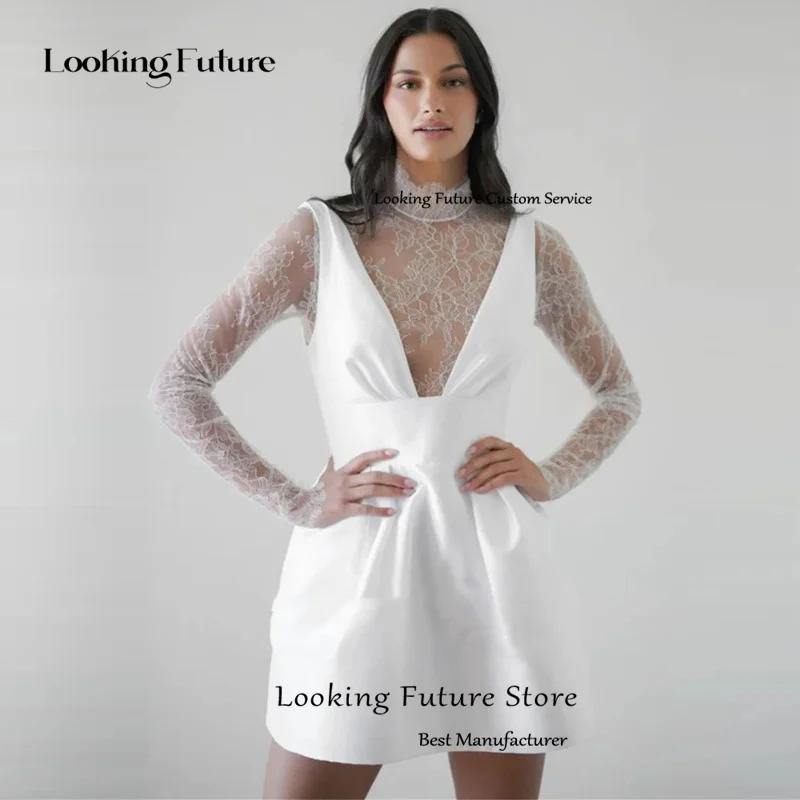 Customized Simple Mini Satin Lace Wedding Dress Pleat Long Sleeves Sexy High Neck Illusion With Button Short Wedding Gown 2025 13 S97ff20c995714affb42137cb7d33f04fz