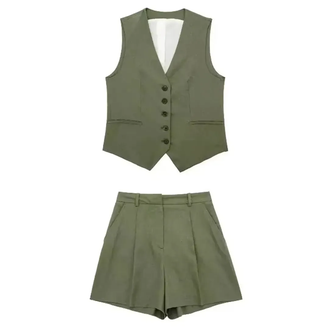 HH Vest Shorts Suit For Women 2024 Fashion Khaki Single Breasted Waistcoat Top + Slim Pant Sets Female Casual Streetwear
