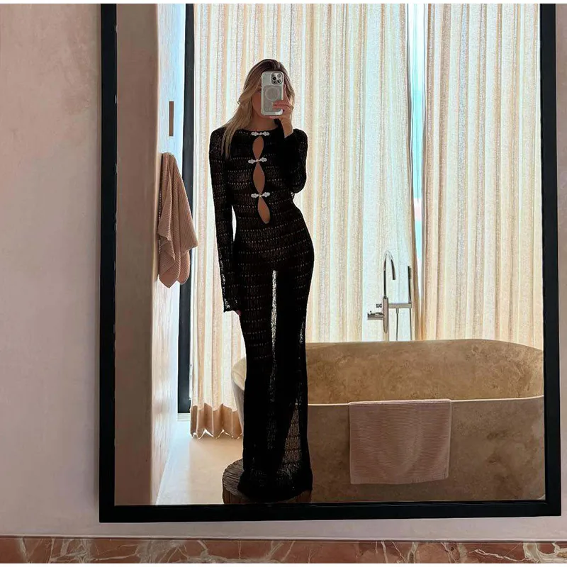 Elegant Hollow Out Knitted Long Dress Women Sexy Backless Solid Long Sleeve Slim Maxi Dresses Female Chic Party Beach Holiday