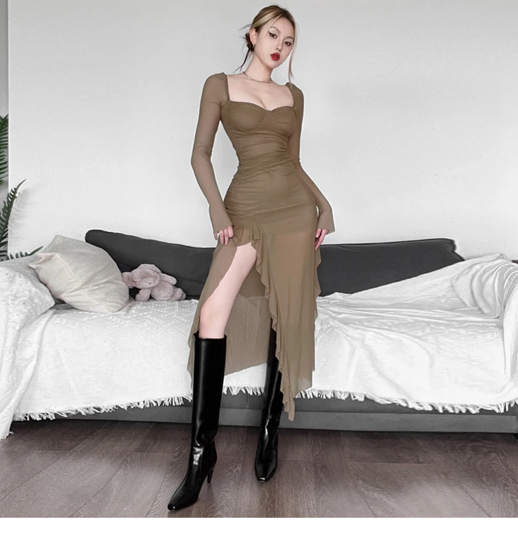 Sexy High Slit Bodycon Midi Dresses for Women Square Collar Long Sleeve Slim Evening Party Dress Club Prom Robe Y2K Vestidos New