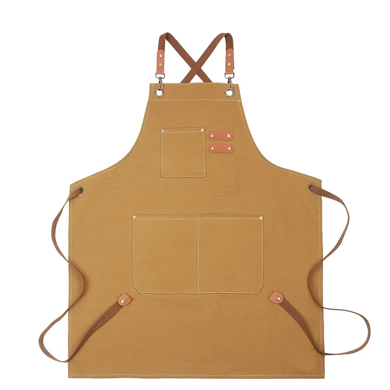 Untior New Fashion Canvas Kitchen Aprons With 3 Pockets Cross Back Pottery Anti Resistant Work Apron Applicable To Restaurant